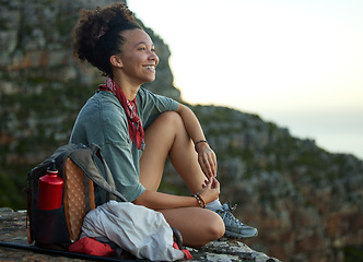 Image showing Woman, hiking and mountain top for happiness and wellness and adventure in south africa. Female hiker, smile and cliff for scenery in outdoor in the morning with motivation for exercise in nature.