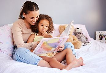 Image showing Relax, book and mother with daughter in bedroom for storytelling, fantasy and creative. Education, learning and love with woman reading to girl in family home for happy, literature and fairytale