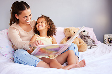 Image showing Happy, book and mother with daughter in bedroom for storytelling, fantasy or creative. Education, learning and love with woman reading to young girl in family home for fairytale, literature and relax