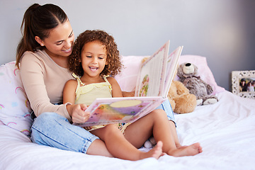 Image showing Learning, book and mother with daughter in bedroom for storytelling, fantasy or creative. Education, study and love with woman reading to young girl in family home for fairytale, literature and relax