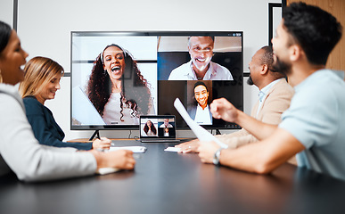 Image showing Video call, meeting and planning with a business team in the boardroom for a virtual conference or workshop. Management, webinar and strategy with a group of corporate colleagues in an office at work
