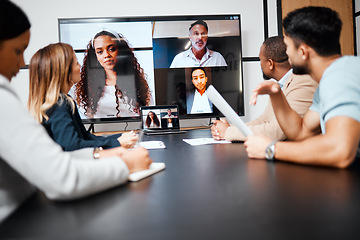 Image showing Video call, meeting and strategy with a business team in the boardroom for a virtual conference or workshop. Management, webinar and planning with a group of corporate colleagues in an office at work