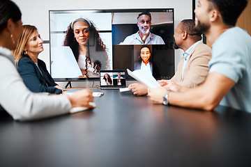 Image showing Diversity, video conference in business meeting and in boardroom with international clients at their workplace. Online communication, technology or connectivity and people on a virtual call planning