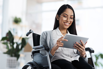 Image showing Happy, reading and woman with a disability and a tablet for graphic design in the office. Smile, creative and a website designer in a wheelchair with technology for web and business analysis