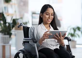 Image showing Email, reading and woman with a disability and a tablet for communication and graphic design. Smile, creative and a website designer in a wheelchair with technology for web and software analysis