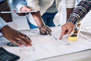 Image showing Business people, hands and architect on blueprint for construction, planning or teamwork at office desk. Hand of engineering team pointing to floor plan for architecture building or strategy on site