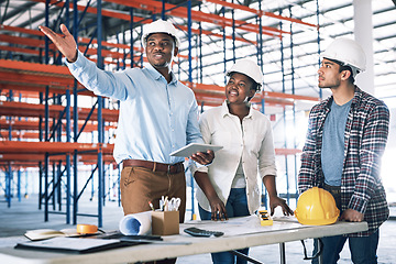 Image showing People, architect and tablet in meeting for construction, blueprint planning or team collaboration. Engineer group in teamwork discussion, floor plan or strategy for architecture project on site