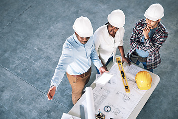 Image showing Business people, architect and blueprint in meeting for construction, planning or collaboration with tablet mockup. Top view of group or engineering team in architecture project or floor plan on site