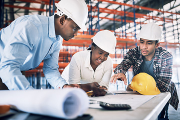 Image showing Business people, blueprint and documents in construction, planning or team architecture on site. Architect group in meeting discussion or engineering on floor plan, brainstorming or building strategy