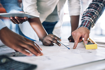 Image showing Business people, hands and blueprint for construction, planning or architect teamwork at office desk. Closeup of engineering team pointing to floor plan for architecture building or strategy on site