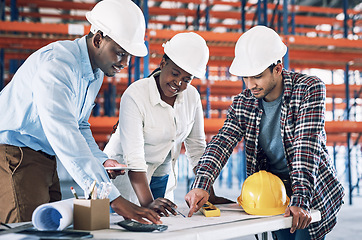 Image showing Happy people, architect and meeting on blueprint for construction, planning or collaboration on site. Group in teamwork engineering for floor plan, architecture project or building strategy