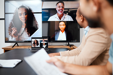 Image showing Video call, meeting and planning with a group of business people in the boardroom for a virtual conference or workshop. Management, webinar and strategy with a corporate team in an office at work