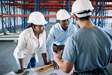 Image showing People, architect and blueprint in team construction, planning or architecture layout on site. Engineer group or contractor in meeting discussion on floor plan, brainstorming or building strategy