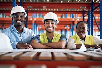 Image showing Business people, architect and portrait with blueprint for construction, planning or documents on site. Happy group of contractors smiling in teamwork for industrial architecture or building strategy