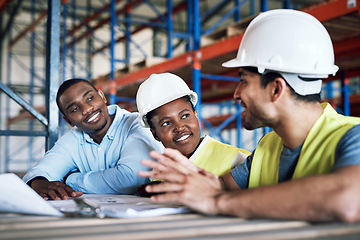 Image showing Business people, architect team and blueprint in meeting for construction, planning or brainstorming on site. Happy contractor in teamwork, project plan or collaboration for industrial architecture