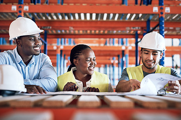 Image showing Architect, team and blueprint documents for construction, strategy or engineer planning on site. Happy group of contractors smiling in teamwork for industrial architecture, building or project plan