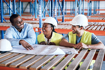 Image showing Business people, architect and blueprint laughing in construction, planning or funny team building on site. Happy contractor in teamwork, laugh or project plan in fun industrial architecture together