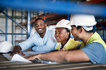 Image showing Engineer people, architect and blueprint in planning for construction, team strategy or brainstorming on site. Happy contractor in teamwork, project plan or collaboration for industrial architecture