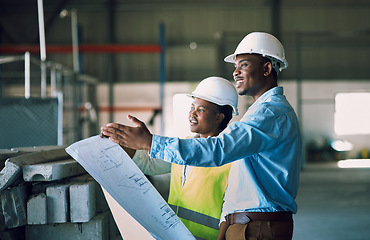 Image showing Black people, architect and blueprint for project management in construction, planning or teamwork on site. African man and woman contractor with floor plan and documents for industrial architecture