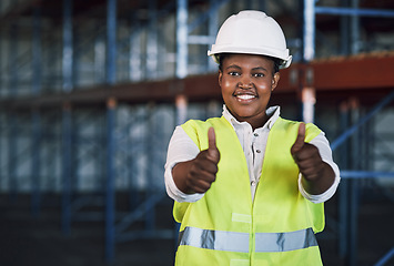 Image showing Black woman, architect and portrait with thumbs up in construction for success, good job or winning on site. Happy African female person engineer showing thumb emoji, yes sign or like in architecture