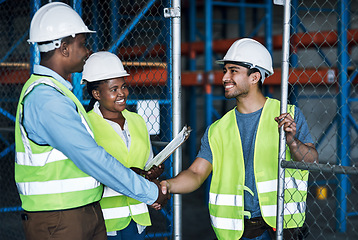 Image showing Builder, agreement and construction hand shake for partnership and meeting for a job. Contractor, collaboration and leadership with shaking hand at work for building project for architect on site.