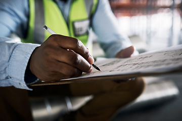 Image showing Man, architect and hands writing on checklist for inventory, inspection or construction paperwork on site. Hand of male contractor working on documents for planning, architecture or idea strategy