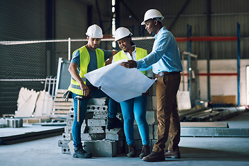 Image showing Engineer people, blueprint and meeting in teamwork construction, planning or strategy on site. Architect group in team discussion for building, floor plan or documents for industrial architecture