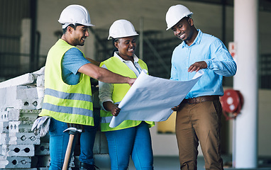 Image showing Engineer people, blueprint and documents in team construction, planning or strategy on site. Architect group in teamwork discussion, collaboration or building floor plan for industrial architecture