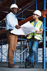 Image showing Happy engineer people, blueprint and meeting for construction, planning or team strategy on site. Architect men in teamwork discussion on project, documents or floor plan for industrial architecture