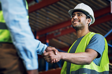 Image showing Happy man, architect and handshake for construction, building or hiring in teamwork or partnership on site. Business people shaking hands in recruiting, architecture agreement or contractor deal