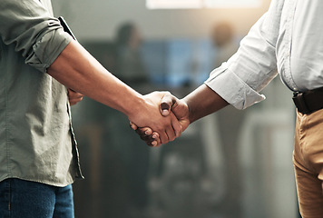 Image showing Closeup, cooperation and men with handshake, teamwork and collaboration with promotion, deal and growth. Zoom, professional and staff shaking hands, goals and partnership at consultation and welcome