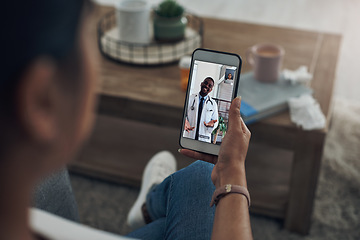 Image showing Phone, telehealth and consulting with a doctor and a patient in the home for healthcare or medical insurance. Video call, contact and remote with a person talking to a medicine professional online