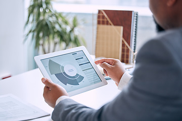 Image showing Hands typing, tablet and charts in office for customer expansion, sales analysis and statistics. Man, touchscreen and graph for big data analytics, client base or cloud computing with dashboard ux