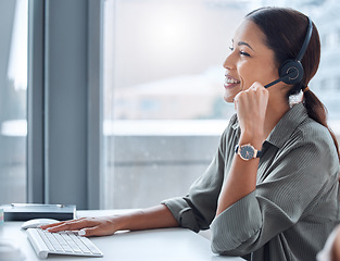 Image showing Customer service, telemarketing and female call center agent working on online consultation. Communication, technology and professional saleswoman planning crm with headset and computer in the office