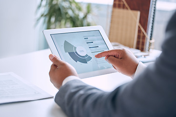 Image showing Hands typing, tablet and chart in office for social media marketing, stats or analysis on software. Man, touchscreen and graph for big data analytics, research or cloud computing with dashboard ux