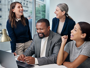 Image showing Computer, excited and business people with celebration, success and laughing for internet meme or company growth. Planning, working and corporate group or team of women and men on laptop in office