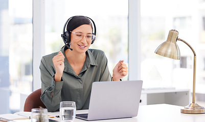 Image showing Call center, computer and woman winning, success and celebration for target, sales and telecom results or news. Happy web agent, telemarketing worker or person reading laptop with yes, goal and fist