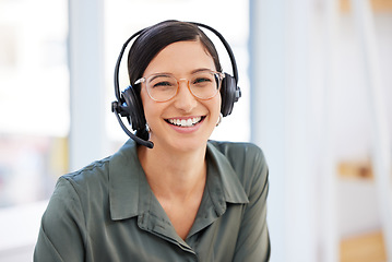 Image showing Happy woman, portrait and call center for virtual communication, business support or e learning services. Face of agent, education advisor or agency person for consulting, chat and advice in office