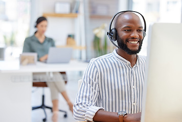 Image showing Call center, computer and happy man, virtual consultant or advisor in customer support, online advice and office. contact, communication and business agent or african person on desktop in workspace