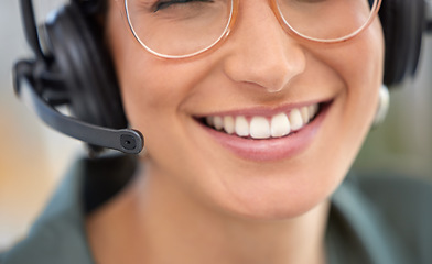 Image showing Call center, mouth and happy woman, consultant or advisor talking, virtual communication or technical support. Insurance agent, headphones or mic of person speaking or helping in customer service job