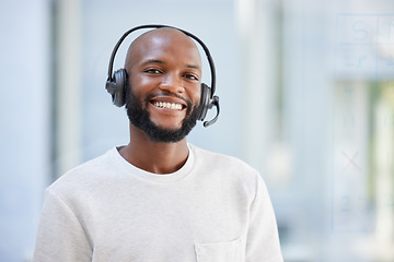 Image showing Happy man, portrait and call center for virtual communication, business support or e learning services. Face of agent, black male advisor or person for consulting, agency space and crm chat advice