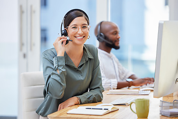 Image showing Call center, portrait and business woman, telecom consultant or advisor for support, online advice and office workspace. Virtual communication, coworking and happy agent or people on desktop computer