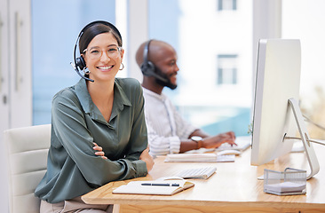 Image showing Portrait, call center and happy woman, consultant or advisor for consulting, online advice and support in workspace. Virtual communication, coworking and business agent or people on desktop computer