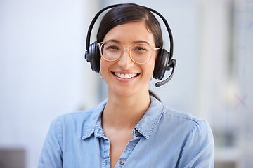 Image showing Call center, portrait and happy woman for business communication, virtual support or telemarketing job. Face of agent, advisor or agency person in online consulting, tech advice or helping in office