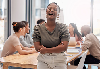 Image showing Portrait, smile and black woman with arms crossed, startup success and teamwork in a modern office. Face, female person or leader with staff, manager or happiness with humor, meeting and professional