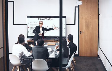 Image showing Business woman, coaching and presentation on screen for marketing strategy, meeting or team planning at office. Female person, CEO or coach training staff on technology display, graph or chart data