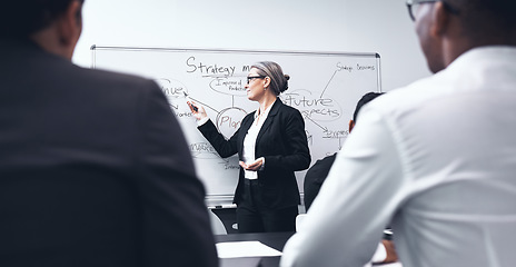 Image showing Business woman, coaching and presentation on whiteboard in meeting for strategy or planning at office. Female person, CEO or coach training staff in project plan or team brainstorming at workplace