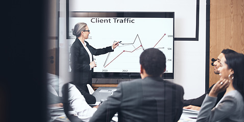 Image showing Business woman, screen and team presentation for marketing strategy, meeting or coaching at office. Female person, CEO or coach training staff on technology display, graph or chart data at workplace