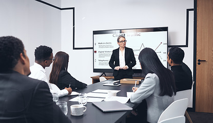 Image showing Business woman, meeting and presentation in marketing for strategy, planning or coaching at office. Female person, CEO or coach training staff in corporate statistics on technology, graph or data