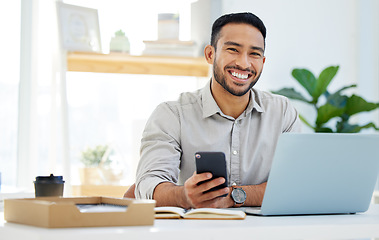 Image showing Happy, phone and man in office typing email communication, social networking or search for business on app. Asian businessman, cellphone or computer for mobile connection, internet or network contact